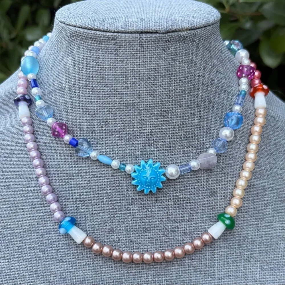 Two (2) Urban Outfitters OU Layering Blue Mushroom Sundial Beaded Necklaces NWT